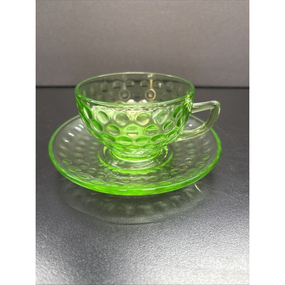 Federal Green Depression Glass Uranium Cup & Saucer Hobnail